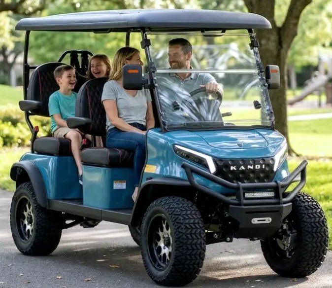 Family riding a blue Kandi golf cart through a neighborhood
